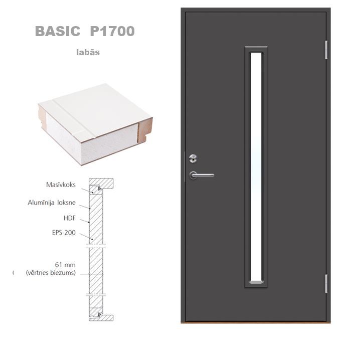 Ārdurvis Basic P1700 100x2100mm ar stiklu, labās, tonis pelēkas