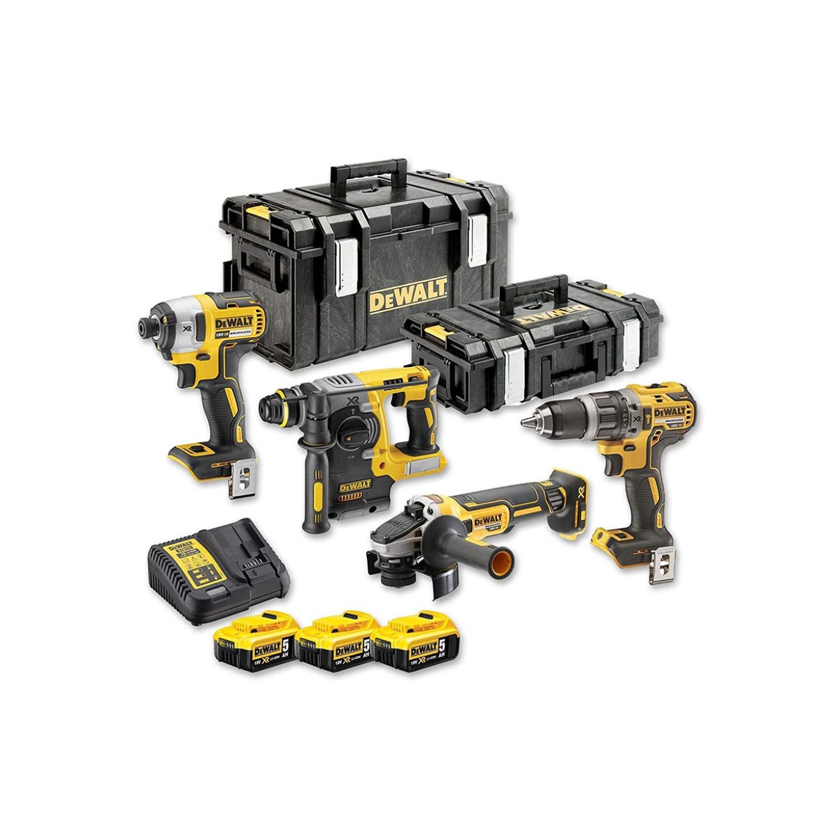 DeWalt Набор из четырех инструментов 18 В XR (+3x5,0A·ч, зарядное устройство, кофры)