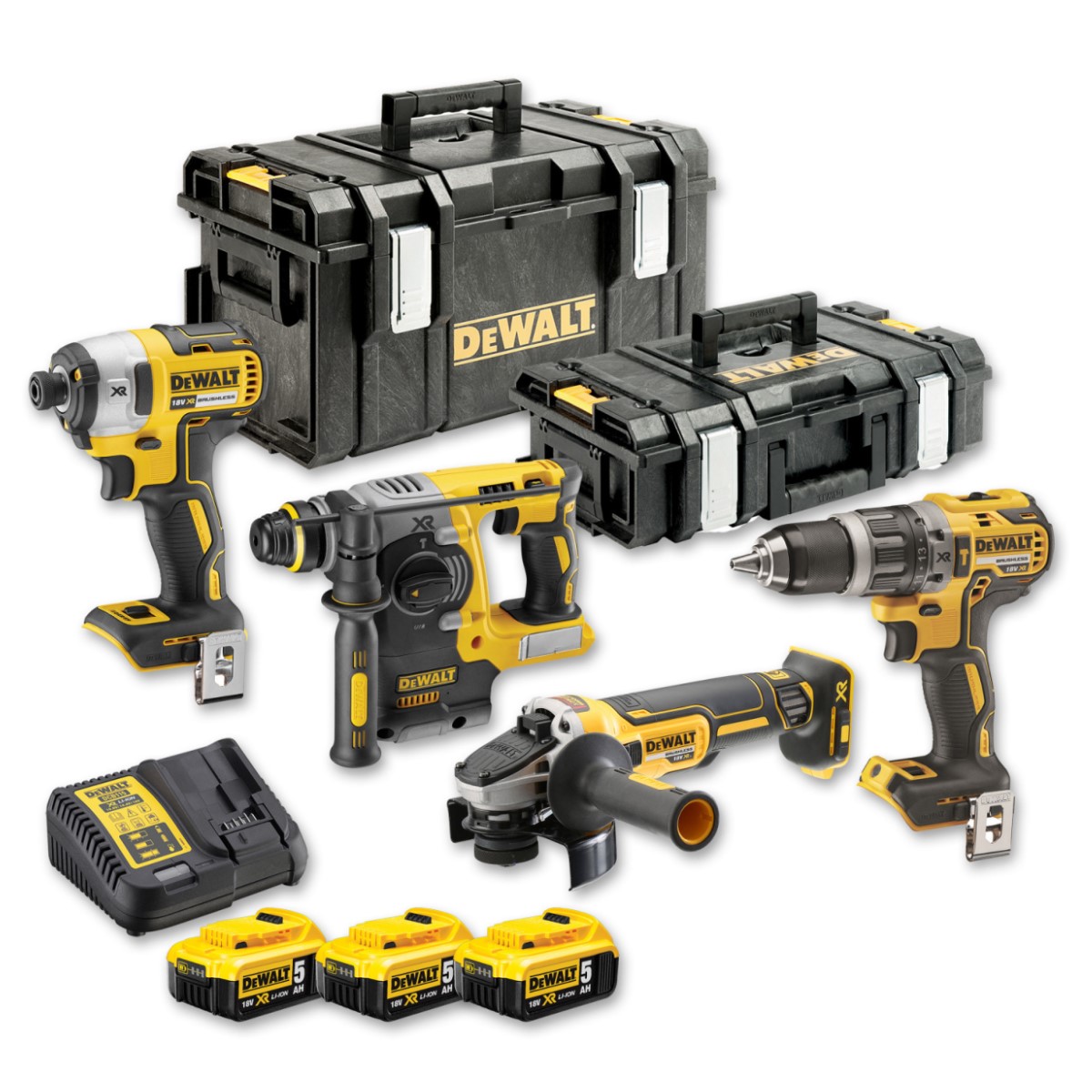 DeWalt 4 Instrumentu komplekts 18V XR (+3x5.0Ah, lādētājs, koferi)