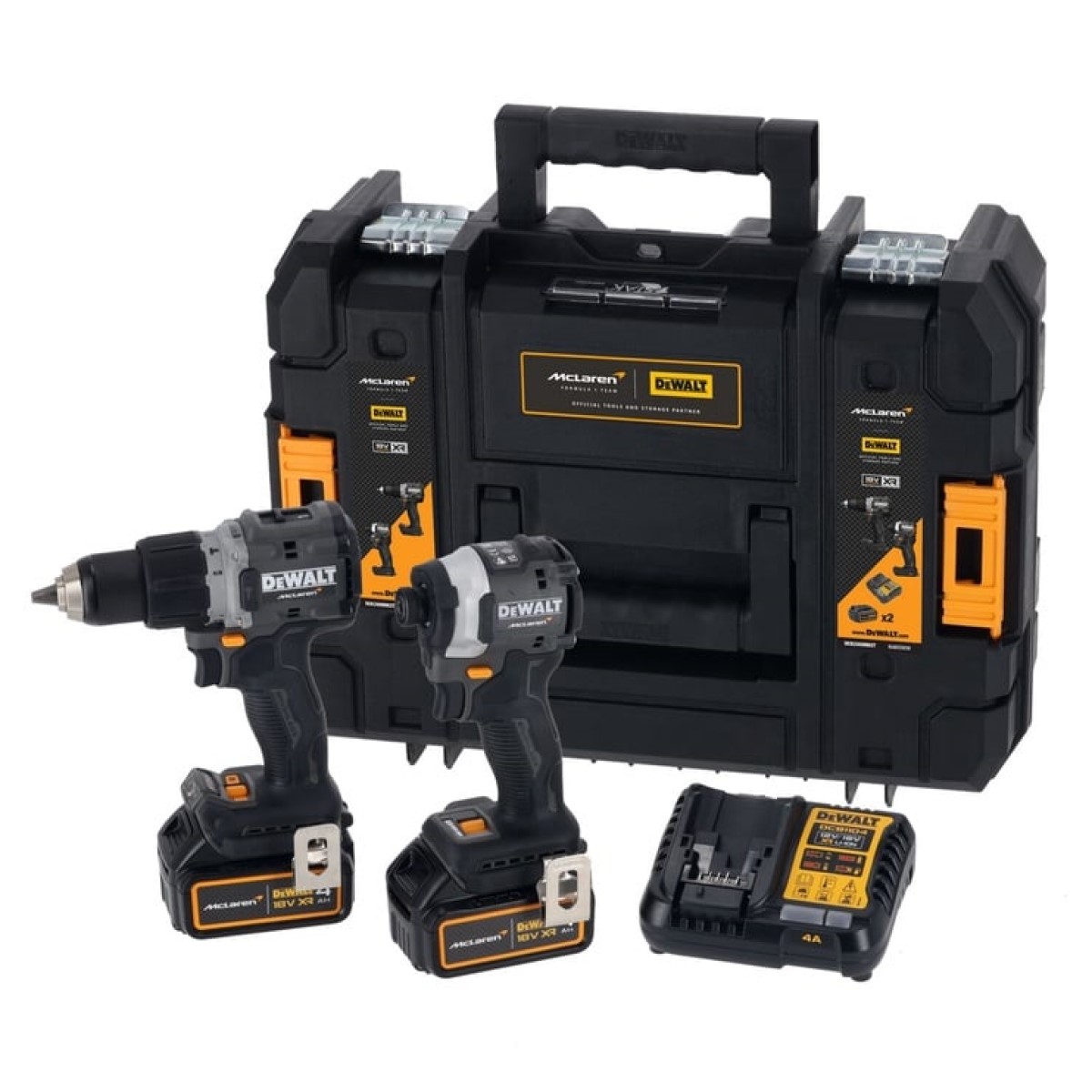 DeWalt Mclaren Instrumentu komplekts DCF85M+DCD85M, 18V XR (+2x4.0Ah, lādētājs, koferis)
