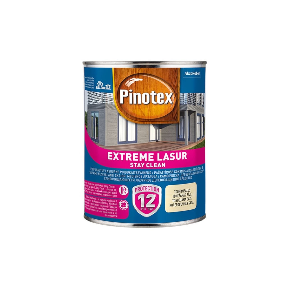 Pinotex Extreme Lasur Лазурное защитное средство для древесины с функцией самоочистки, полуглянцевое , bezkrāsains (tonējamā bāze) 1L