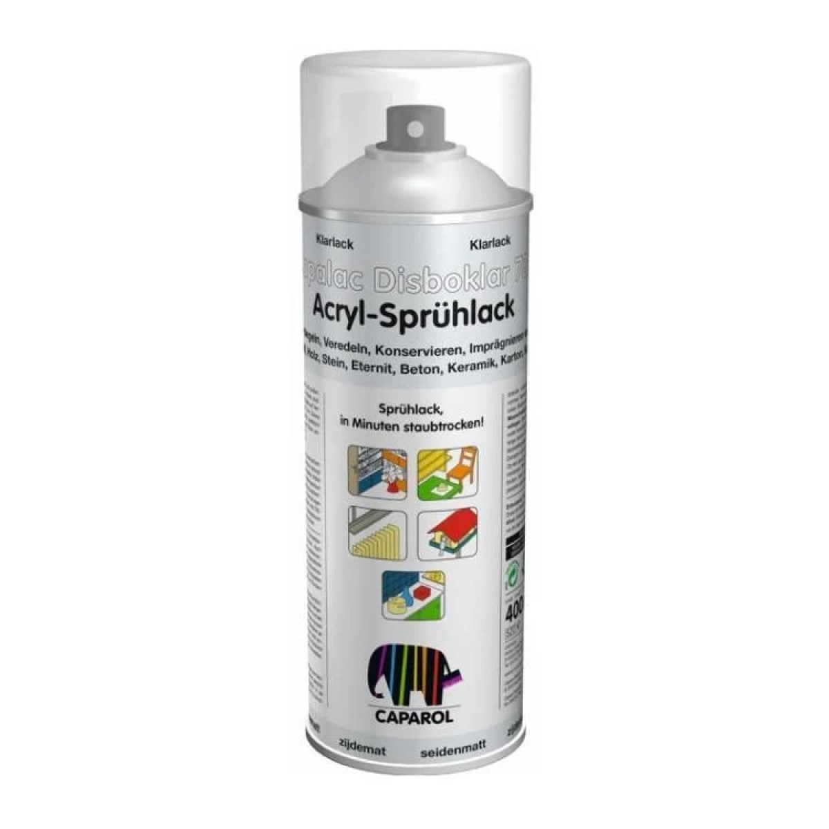 Caparol Capalac 781 Disbocolor Emaljas metāla krāsas aerosols, zīdaini matēta 0.4L Balts RAL9010