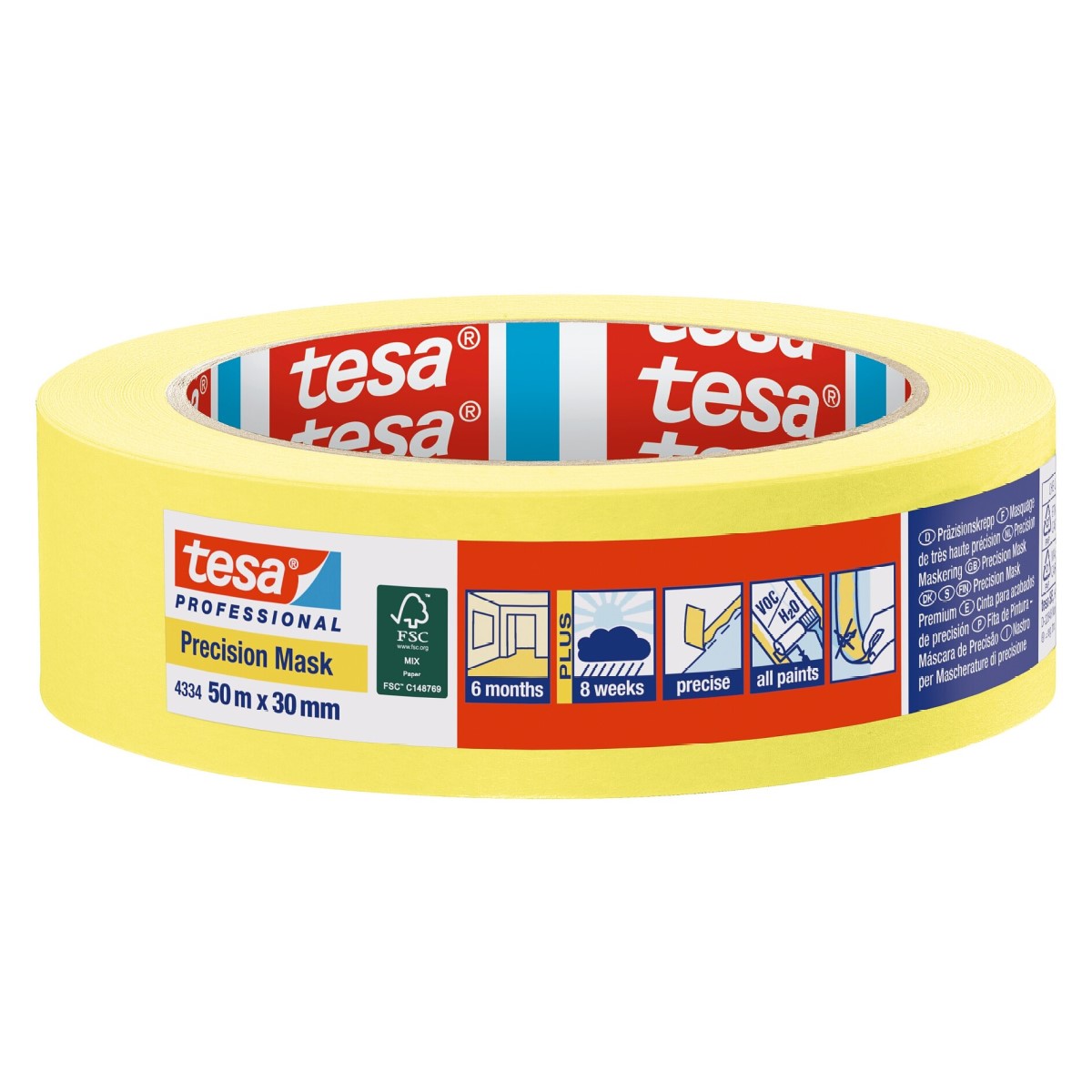 Tesa 4334 Precision Mask Krāsotāju lente iekšdarbiem, dzeltena