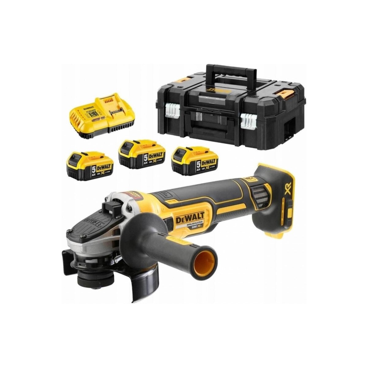 DeWalt Аккумуляторная угловая шлифмашина XR 18 В, 125 мм (+3x5.0Ah, lādētājs, koferis) DCG405P3-QW