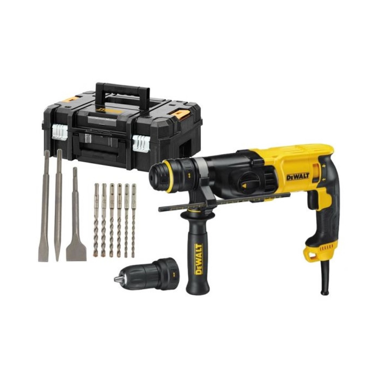DeWalt Электрический перфоратор SDS-Plus +принадлежности DeWalt Elektriskais perforators SDS-Plus, 900W, 28mm, 3J (+piederumi, QCC uzgalis, koferis) D25144KP-QS