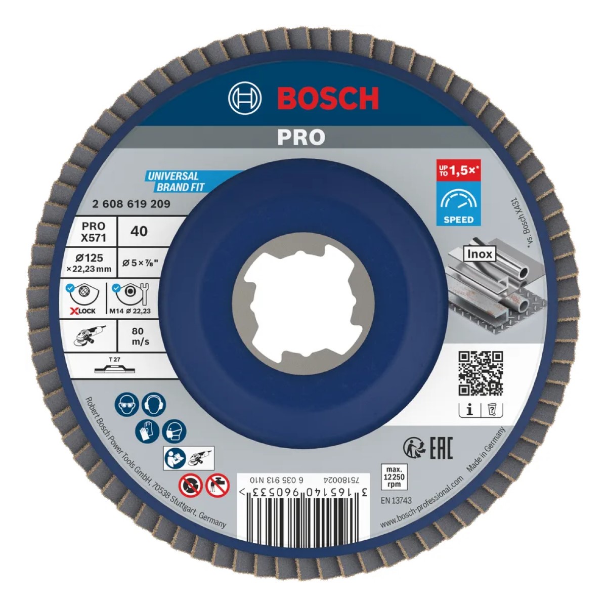 Bosch PRO X571 Vēdekļveida slīpdisks metālam, taisns, X-LOCK, 125mm, K40, 2608619209