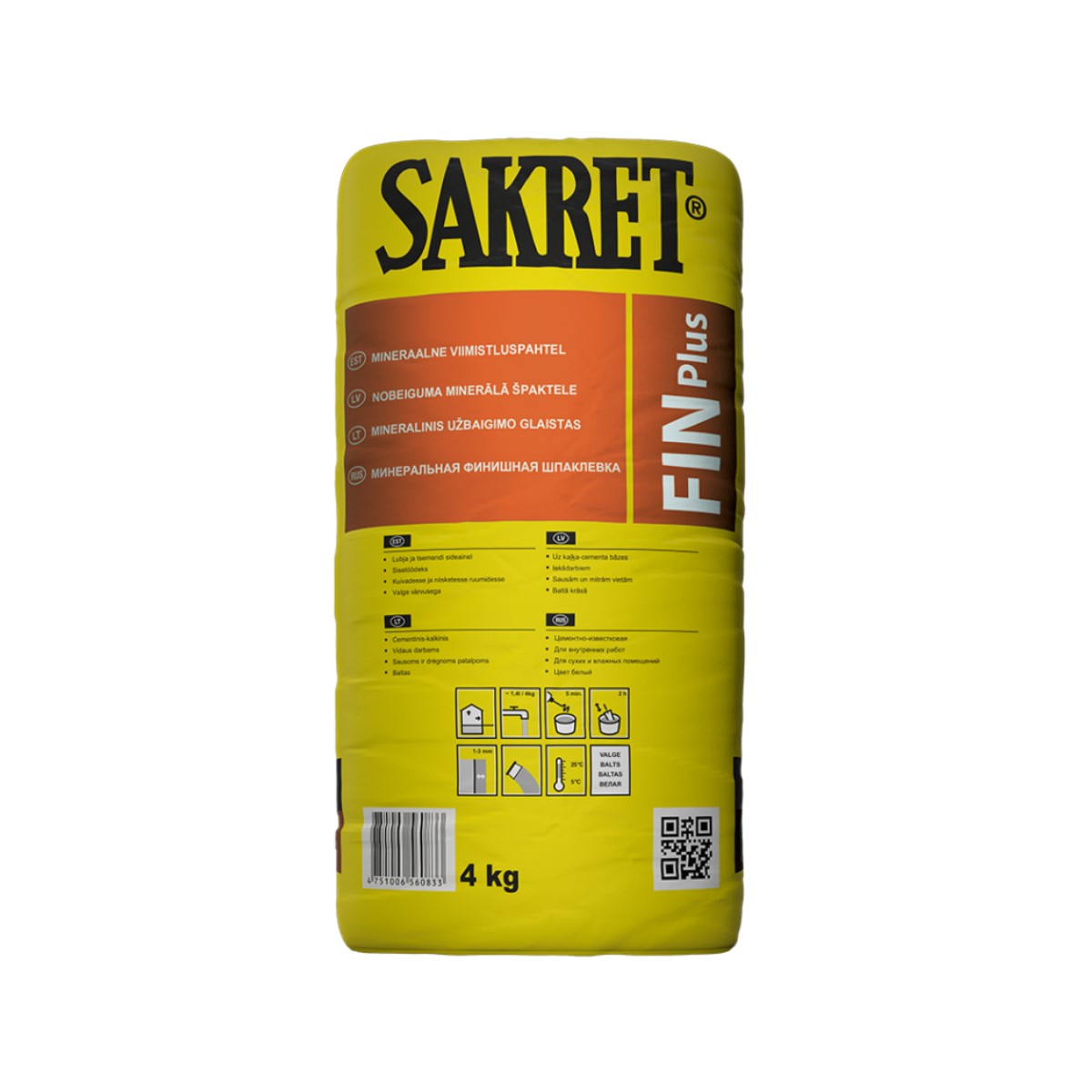 Sakret FIN Plus Nobeiguma špaktele mitrām telpam, balta, 4kg