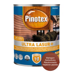 Pinotex Ultra Lasur+ Ūdeni atgrūdošs lazūras koksnes aizsarglīdzeklis, pusspīdīgs, sarkankoks, 1L