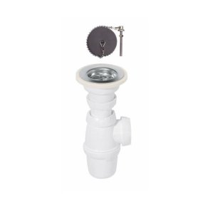 Wirquin Izlietnes sifons ar izplūdi un korķi ar ķēdi, bez noteces, plastmasas, 1.1/2 collas x 40mm, balts