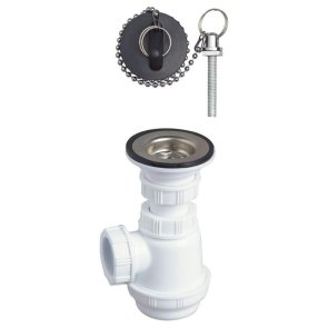 Wirquin Īsais izlietnes sifons ar izplūdi un korķi ar ķēdi, bez noteces, plastmasas, 1.1/4 collas x 32mm, balts