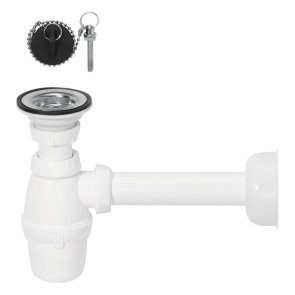 Wirquin Plastmasas izlietnes sifons ar izplūdi un korķi ar ķēdi, 1.1/4 collas x 32mm, balts